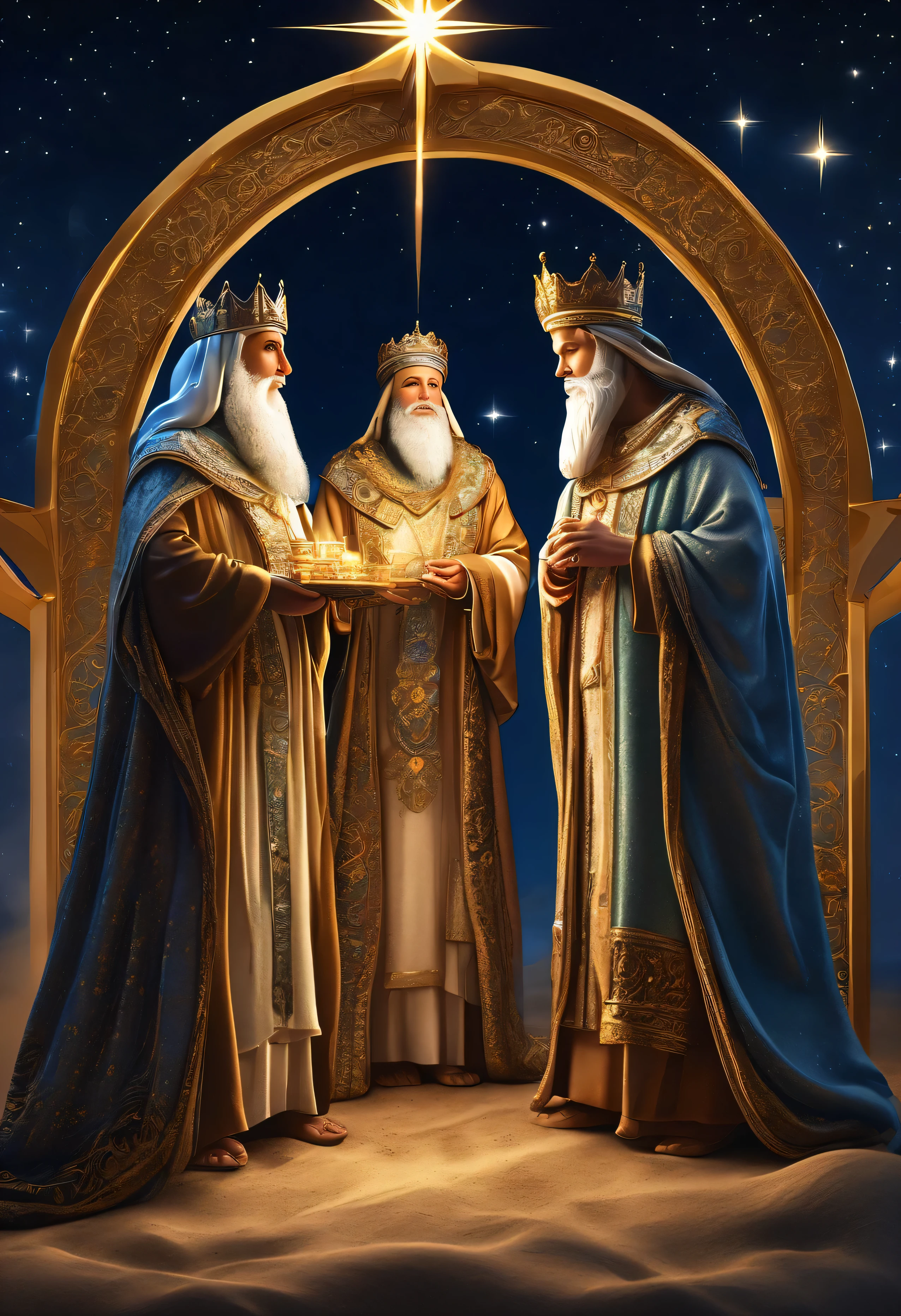 a highly detailed 3 wise men standing before the manger of jesus,extremely detailed 3 wise men with beautiful robes and crowns,extremely detailed nativity scene,detailed religious iconography,intricate ornate architecture,glowing warm light,glowing stars in the night sky,ornate golden details,rich colors,dramatic lighting,photorealistic,award winning digital art