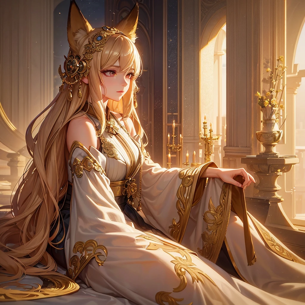 a beautiful girl with fox ears, dull golden hair, miko outfit, intricate details, highly detailed face, beautiful eyes, delicate lips, long eyelashes, elegant pose, soft lighting, muted color palette, fantasy landscape, digital illustration, award-winning art, masterpiece, octane render, 8k, photo realistic