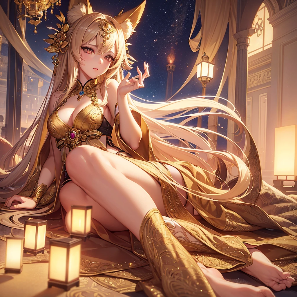 a beautiful girl with fox ears, dull golden hair, miko outfit, intricate details, highly detailed face, beautiful eyes, delicate lips, long eyelashes, elegant pose, soft lighting, muted color palette, fantasy landscape, digital illustration, award-winning art, masterpiece, octane render, 8k, photo realistic