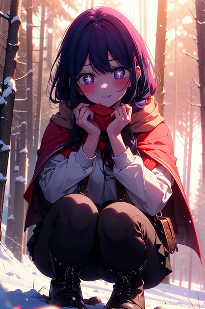 aihoshino, Ai Hoshino, Long Hair, bangs, (Purple eyes:1.1), Purple Hair, (Symbol-shaped pupil:1.5), smile,,smile,blush,white breath,
Open your mouth,snow,Ground bonfire, Outdoor, boots, snowing, From the side, wood, suitcase, Cape, Blurred, , forest, White handbag, nature, Squat, Mouth closed, Cape, winter, Written boundary depth, Black shoes, red Cape break looking at viewer, Upper Body, whole body, break Outdoor, forest, nature, break (masterpiece:1.2), Highest quality, High resolution, unity 8k wallpaper, (shape:0.8), (Beautiful and beautiful eyes:1.6), Highly detailed face, Perfect lighting, Highly detailed CG, (Perfect hands, Perfect Anatomy),