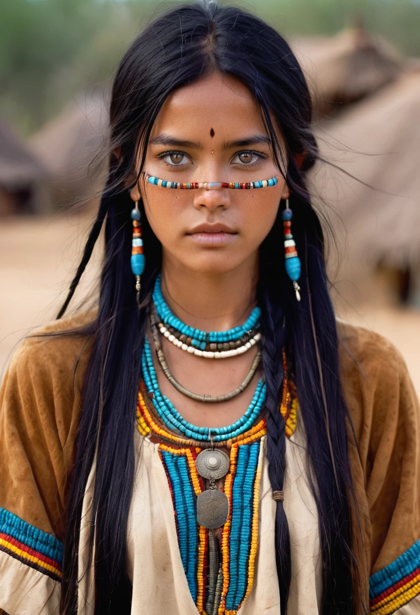 I want you to create a delicate and beautiful character. She is a 30-year-old young woman with characteristics typical of the Apache people. Her long, straight black hair frames a face with the tanned skin common among her people. Her light blue eyes contrast with her skin color, creating a piercing and expressive look. She wears traditional clothing from her tribe, made from animal skin, and her face is covered in dirt.