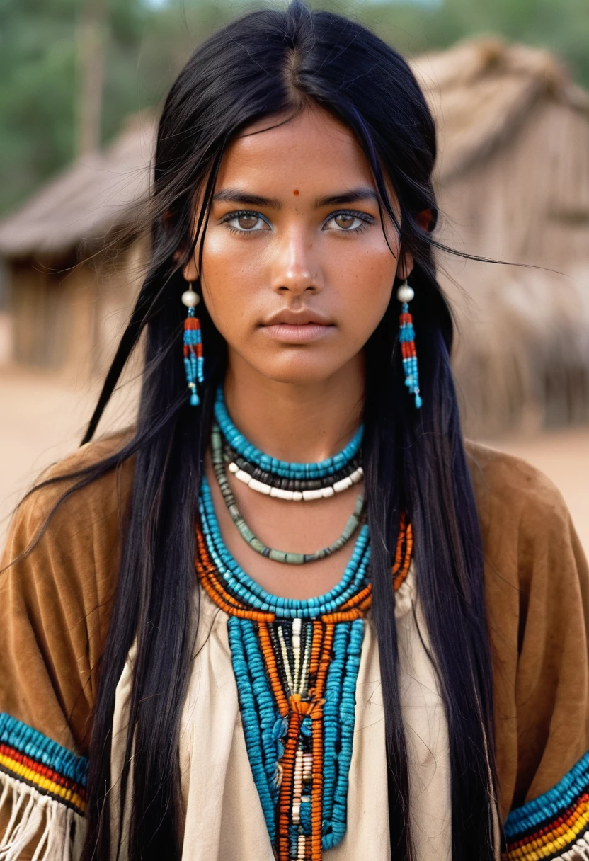 I want you to create a delicate and beautiful character. She is a 30-year-old young woman with characteristics typical of the Apache people. Her long, straight black hair frames a face with the tanned skin common among her people. Her light blue eyes contrast with her skin color, creating a piercing and expressive look. She wears traditional clothing from her tribe, made from animal skin, and her face is covered in dirt.