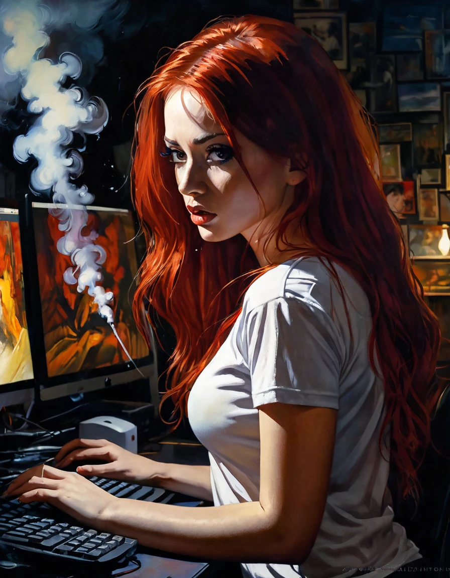 girl with long red hair, very sexy, perfect ass, in panties and tight plain t-shirt, marked nipples, small breasts, looks surprise as smoke comes out of her computer, broken computer, between shadows, oil painting, chiaroscuro, sensual, dramatic lighting, moody atmosphere, photorealistic, intricate details, masterpiece, ultra-detailed, high quality, 8k, best quality, realistic, cinematic, dark and brooding, expressionistic, powerful composition, emotional impact, Bill Sienkiewicz inspired art