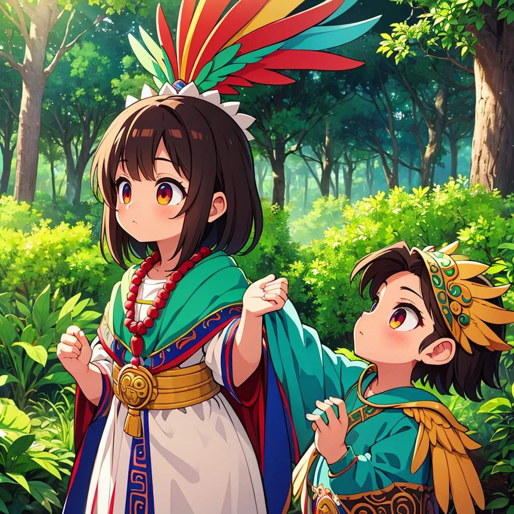Childish, high quality、Very detailed、8Year、Mayan Aztec young priestess、Looking up at the flying god Quetzalcoatl and offering prayers、Chichen Itza in the forest、mysterious、