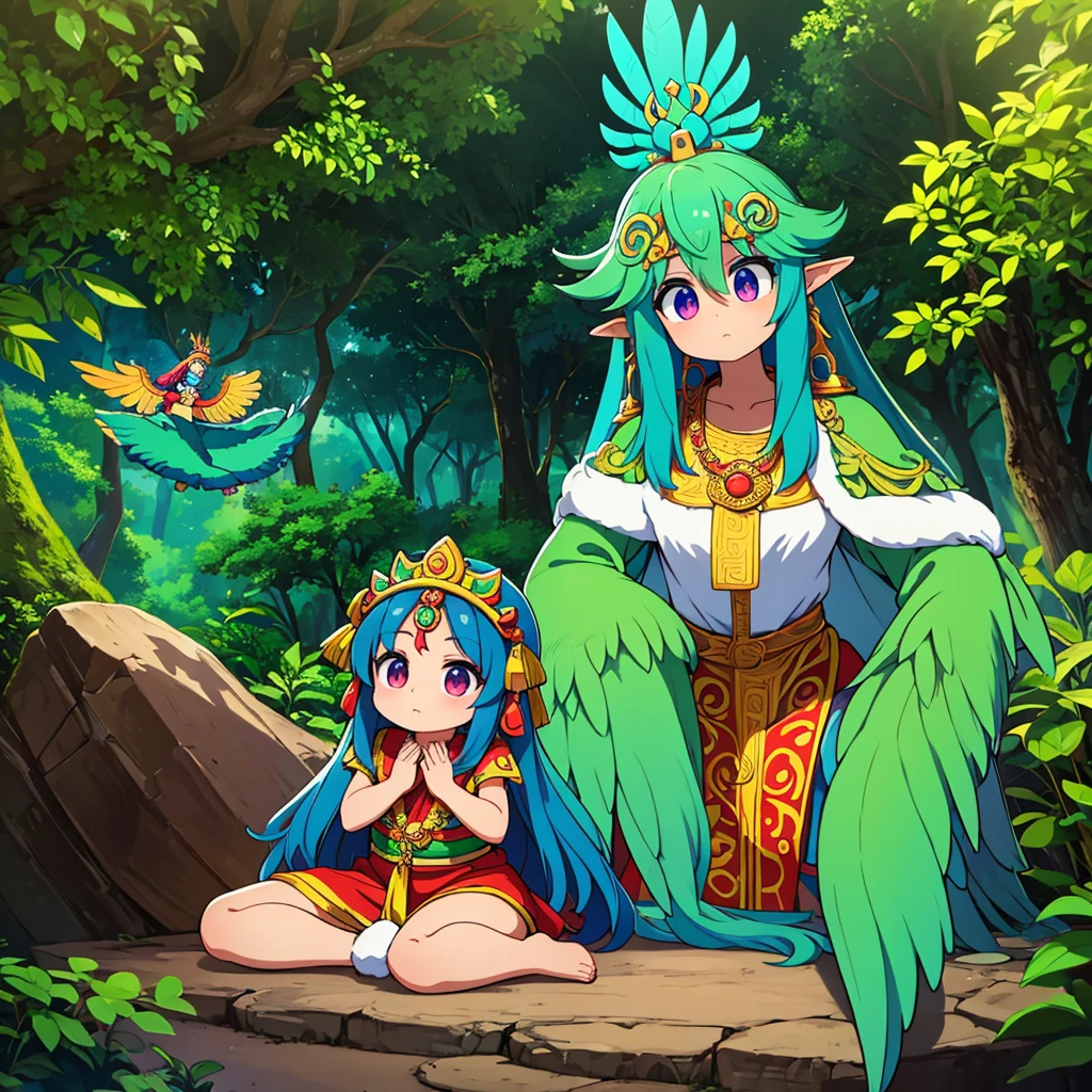 Childish, high quality、Very detailed、8Year、Mayan Aztec young priestess、Looking up at the flying god Quetzalcoatl and offering prayers、Chichen Itza in the forest、mysterious、