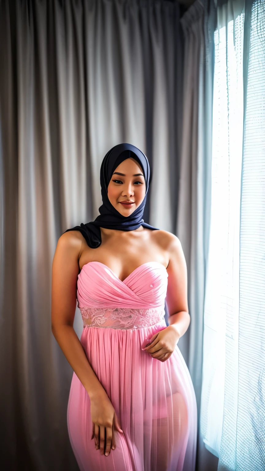 1 Malaysian girl, Modern ordinary hijab, shy, Medium image, Tearful eyes, Pink glowing particles, Wear a completely topless transparent dress, ((Big breasts)), Pink light bokeh wallpaper, Proportionate body,