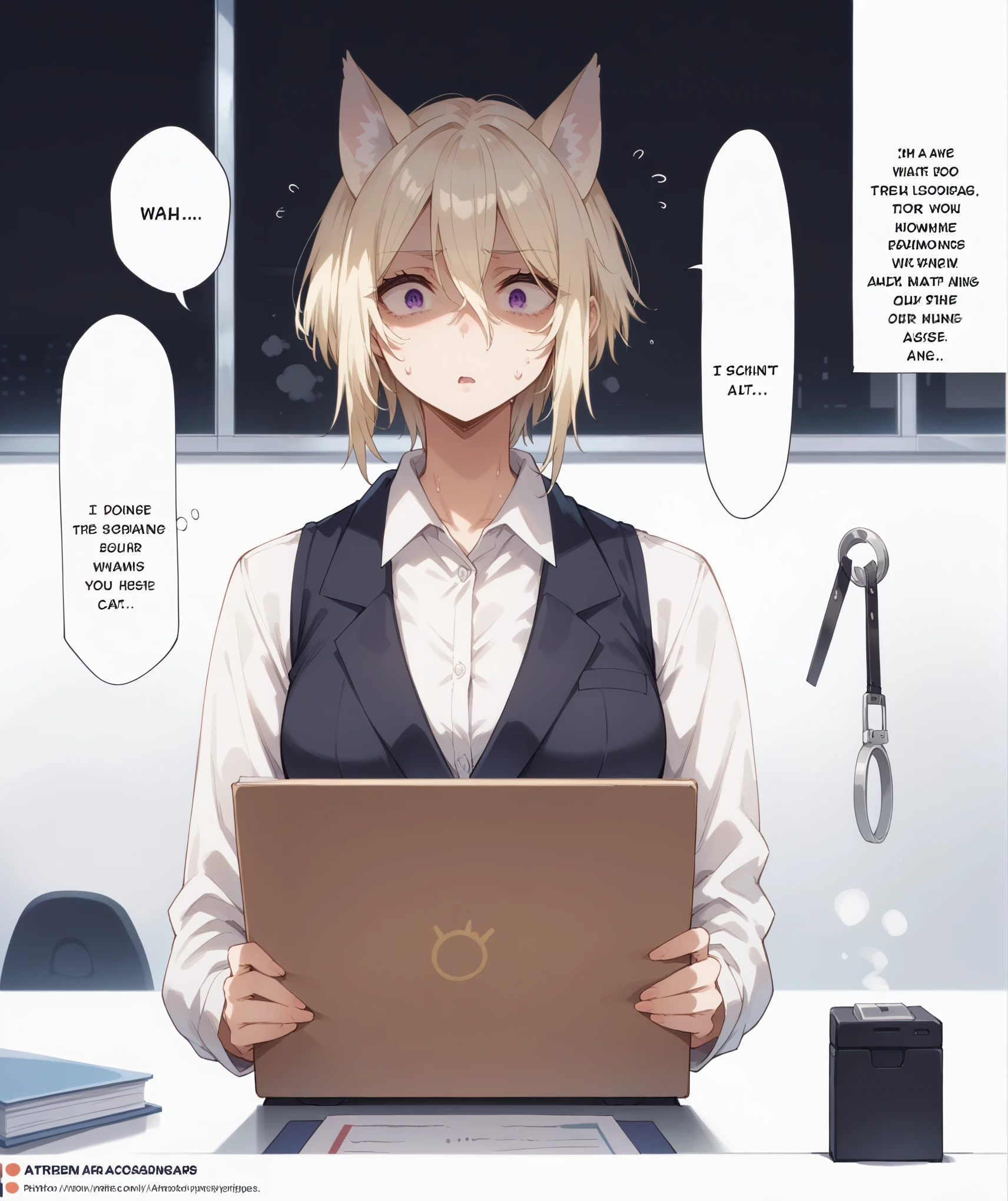 1 girl,short hair,blonde hair,purple eyes,cat ears,tall woman,dialogue windows,in the office,waking up from hipnosis,office lady suit,sweat,confusion,shock,
