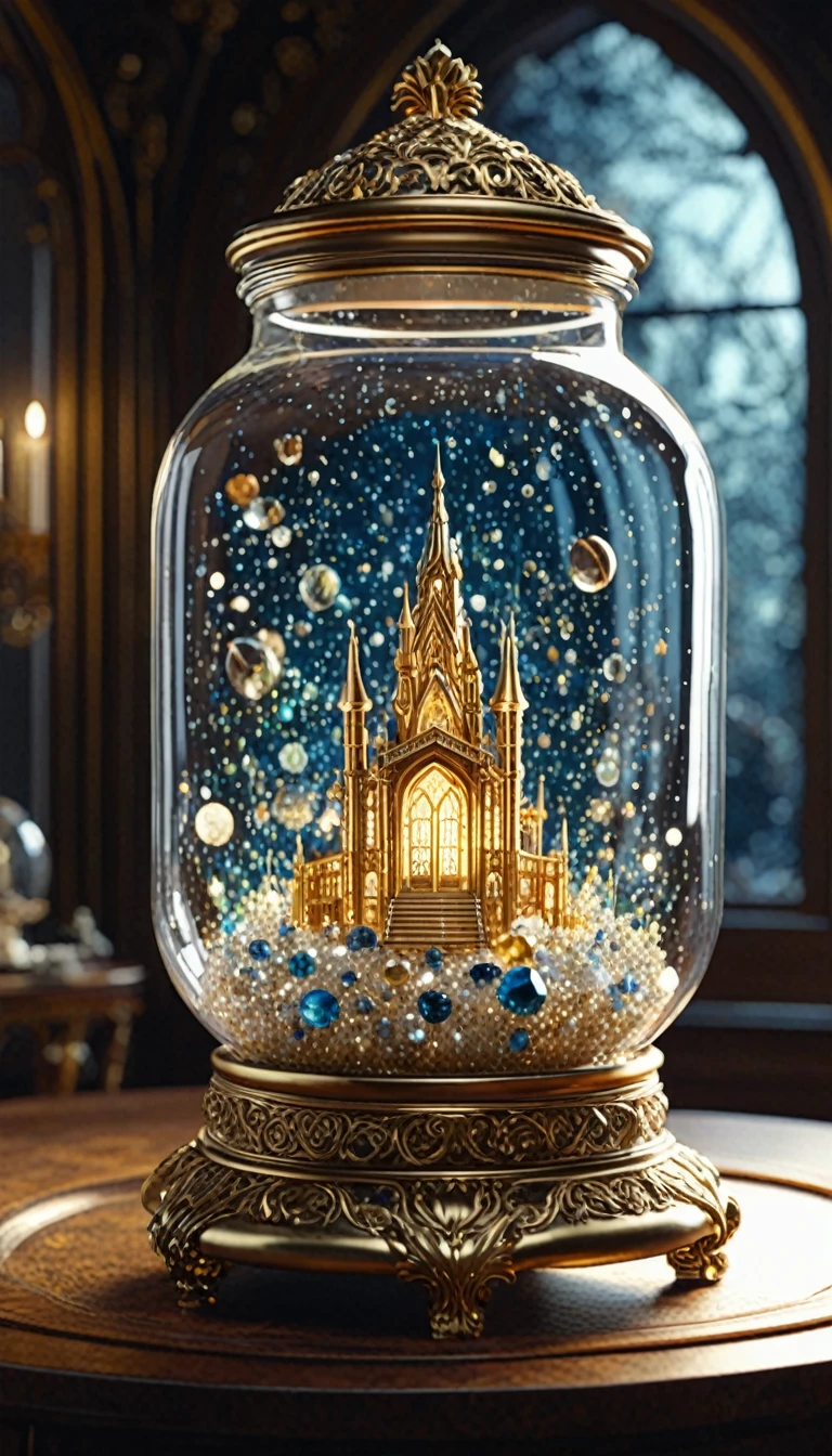 (High resolutionの CGI アートワーク 8k),Mysterious scenes from the fantasy world, (The mysterious astronomical device in the center of the image:1.2) Crystals arranged in an elaborate still life in a glass jar, Dreamy Art Nouveau Realism, grow,Magic,Whimsical, Sharp focus, Wide-angle lens, Scenic, masterpiece,Reflective ivory and gold, High resolution, 3D-rendered masterpiece, Digital Art