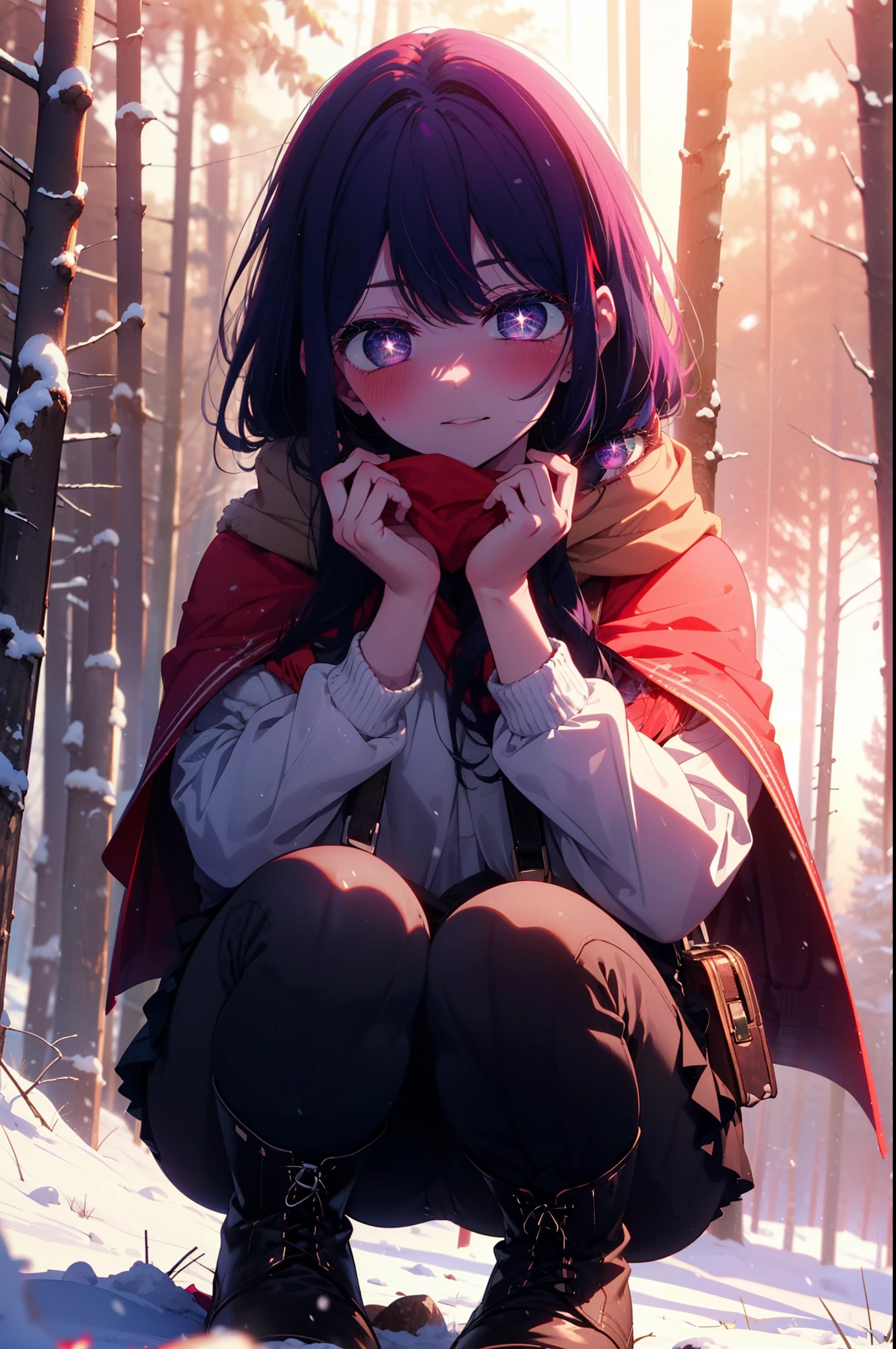 aihoshino, Ai Hoshino, Long Hair, bangs, (Purple eyes:1.1), Purple Hair, (Symbol-shaped pupil:1.5), smile,,smile,blush,white breath,
Open your mouth,snow,Ground bonfire, Outdoor, boots, snowing, From the side, wood, suitcase, Cape, Blurred, , forest, White handbag, nature,  Squat, Mouth closed, Cape, winter, Written boundary depth, Black shoes, red Cape break looking at viewer, Upper Body, whole body, break Outdoor, forest, nature, break (masterpiece:1.2), Highest quality, High resolution, unity 8k wallpaper, (shape:0.8), (Beautiful and beautiful eyes:1.6), Highly detailed face, Perfect lighting, Highly detailed CG, (Perfect hands, Perfect Anatomy),