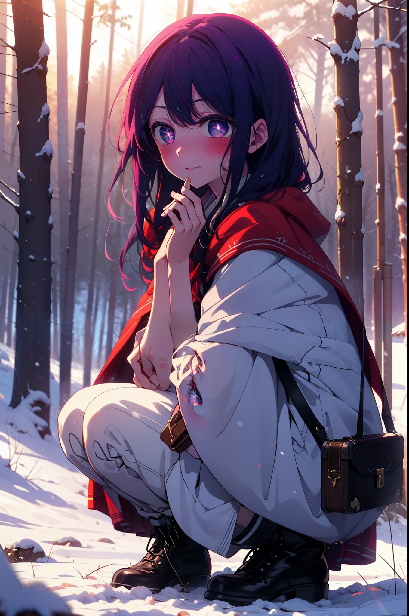 aihoshino, Ai Hoshino, Long Hair, bangs, (Purple eyes:1.1), Purple Hair, (Symbol-shaped pupil:1.5), smile,,smile,blush,white breath,
Open your mouth,snow,Ground bonfire, Outdoor, boots, snowing, From the side, wood, suitcase, Cape, Blurred, , forest, White handbag, nature, Squat, Mouth closed, Cape, winter, Written boundary depth, Black shoes, red Cape break looking at viewer, Upper Body, whole body, break Outdoor, forest, nature, break (masterpiece:1.2), Highest quality, High resolution, unity 8k wallpaper, (shape:0.8), (Beautiful and beautiful eyes:1.6), Highly detailed face, Perfect lighting, Highly detailed CG, (Perfect hands, Perfect Anatomy),
