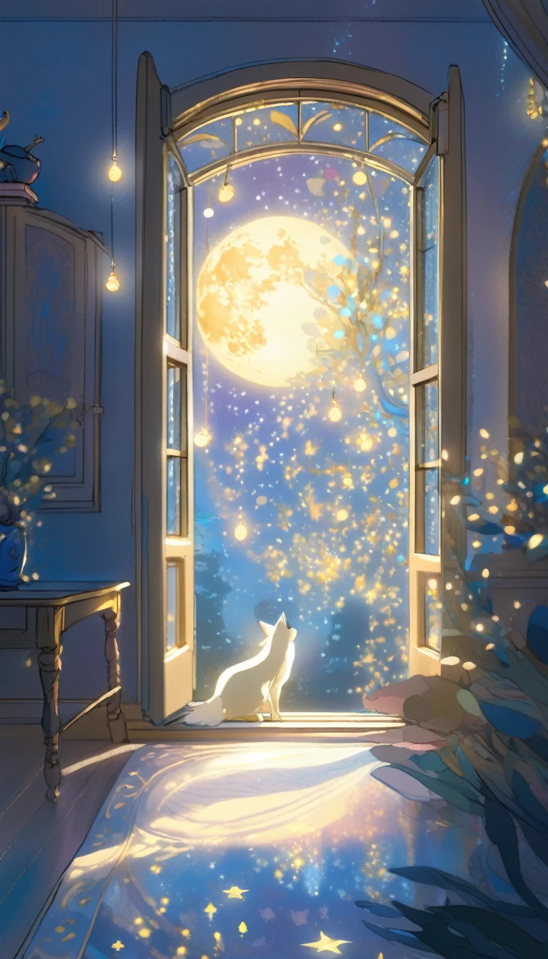 A whimsical scene of moonbeams creating a luminous path through Luna's window, filling her room with a magical light
