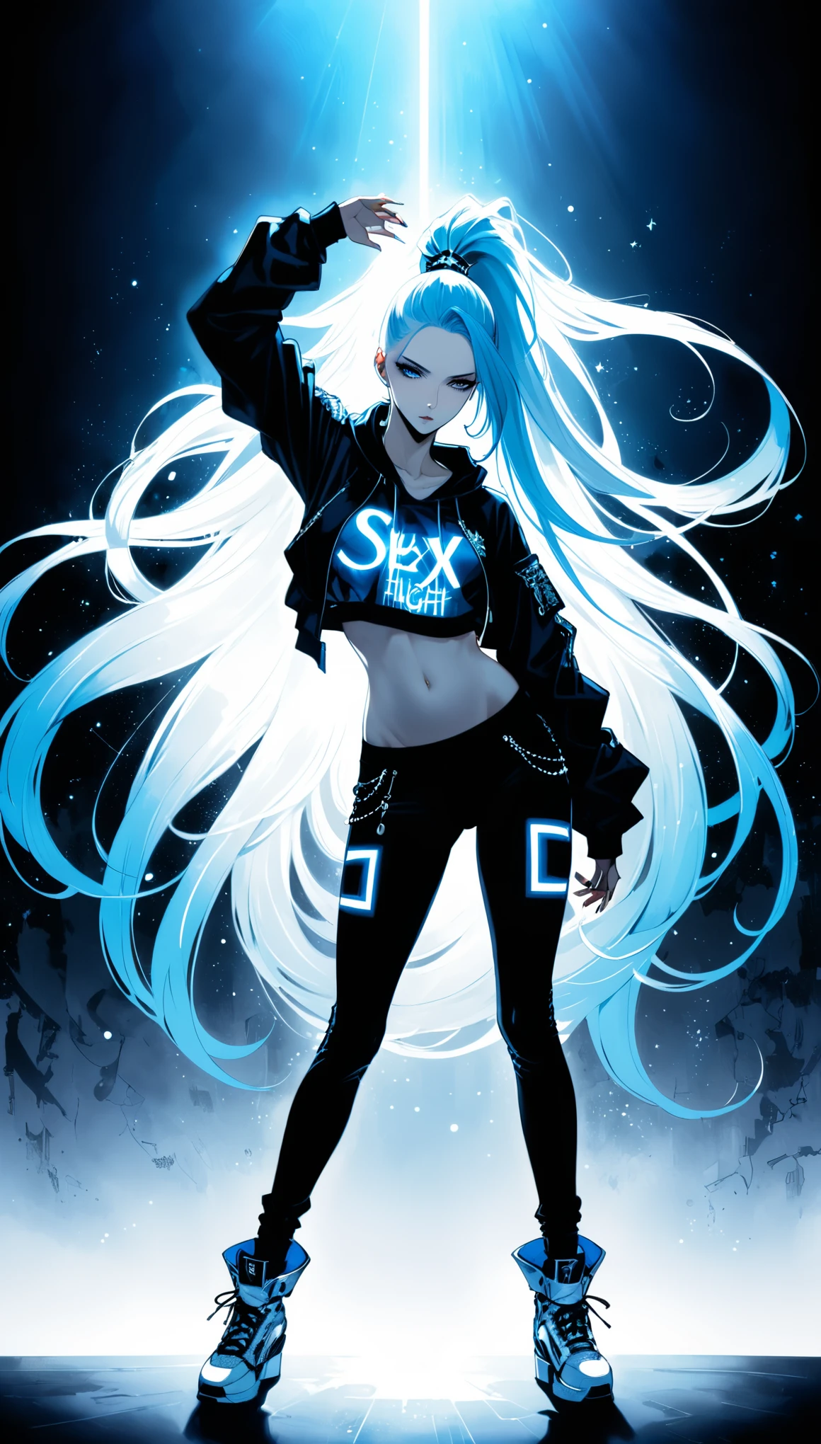 (in style of Harry Clarke:0.4),in style of Santiago Caruso,in style of Mike Azevedo,1girl,Sexy hip-hop style clothing,Dynamic poses,Hip-hop pose,superstar,High Ponytail,Unbelievably long hair,衍射darkblue to light blue,Self-luminous,A dominant high-contrast proposition