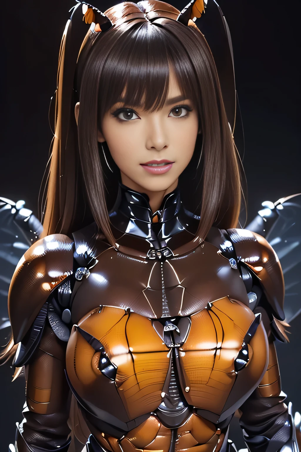 (high resolution,masterpiece,best quality,extremely detailed CG, anime, official art:1.4), realistic, photo, amazing fine details, all intricate, gloss and shiny,awesome many layers, 8k wall paper, 3d, sketch, kawaii, illustration,( solo:1.4), perfect female proportion,villainess, (fusion of dark brown cockroach and lady:1.4), (brown cockroach form lady:1.2), (brown cockroach lady:1.2), (fusion:1.2), (solo:1.4), (evil smile:1.2), muscular, abs, (cockroach brown exoskeleton bio insect suit:1.4), (cockroach brown exoskeleton bio insect armor:1.2), (brown transparency cockroach wing:1.4), (brown cockroach antennae:1.3),