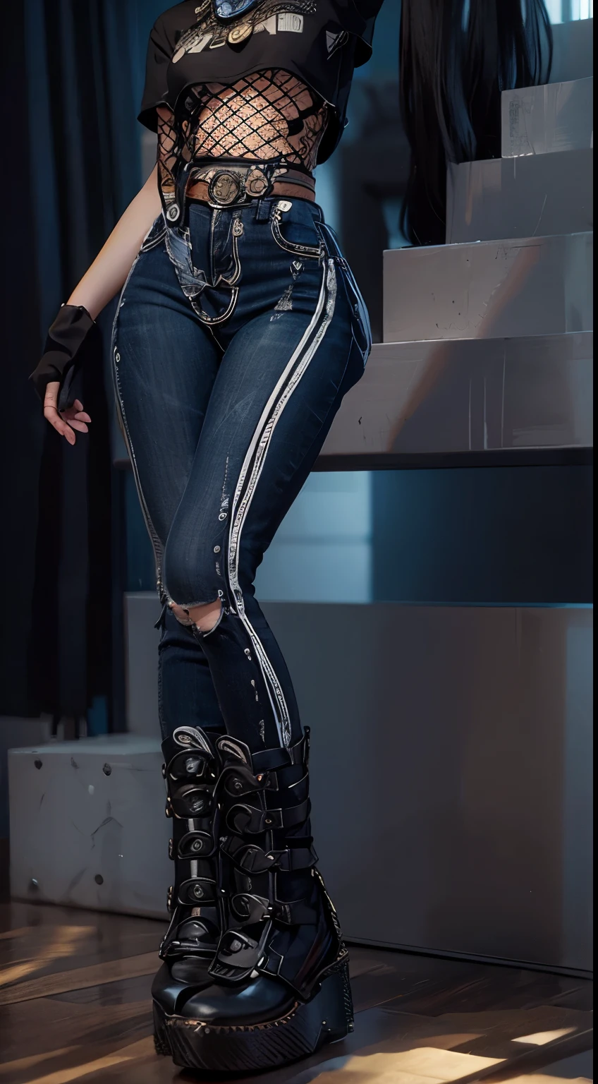 aVATAR SECOND LIFE Korean girl wearing white and black top, jeans ,  black asian, Perfect and detailed face, imvu, maximalist details, AVATAR SECOND LIFE Korean blusa , neon