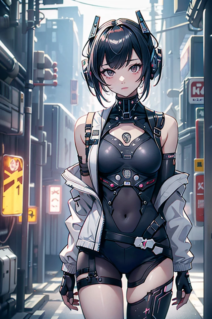 (Very detailed CG ユニティ 8k 壁紙), (Very detailed), masterpiece, Highest quality, Lucy (cyber punk), Bodysuits, alone, chest, cyber punk city, Multicolored Hair, short hair, View your viewers, medium chest, black Bodysuits, Grey Eyes, Hip vents, Clothing cutouts, Thigh Gap, Covered navel, White jacket, Exposing shoulders, Short shorts, sofa,
