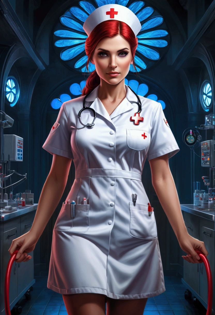 Nurse, full body, by Anne Stokes, cinematic still, (best quality, masterpiece, photorealistic), very aesthetic, perfect composition, intricate details, ultra-detailed, vivid colors