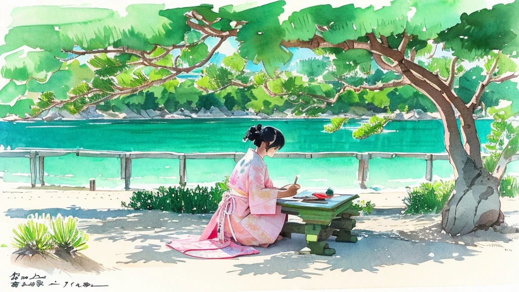 Watercolor a Japanese woman in traditional clothing in shades of green with pink white flowers, black hair, she sits on the beach in front of a table and draws, in the background a large bony pine tree water and beach