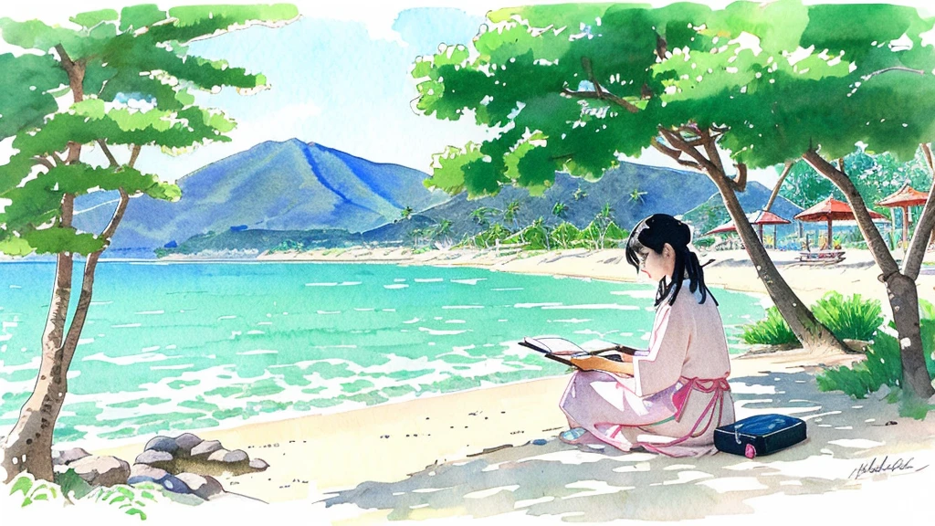 Watercolor a Japanese woman in traditional clothing in shades of green with pink white flowers, black hair, she sits on the beach in front of a table and draws, in the background a large bony pine tree water and beach