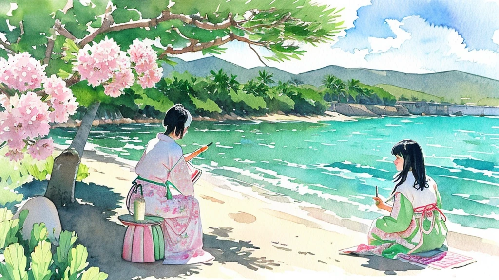 Watercolor a Japanese woman in traditional clothing in shades of green with pink white flowers, black hair, she sits on the beach in front of a table and draws, in the background a large bony pine tree water and beach