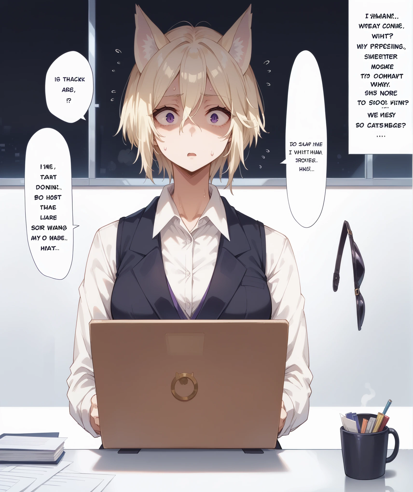 1 girl,short hair,blonde hair,purple eyes,cat ears,tall woman,dialogue windows,in the office,waking up from hipnosis,office lady suit,sweat,confusion,shock,
