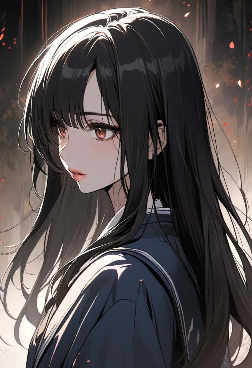 in manhwa style a adolescent japanese woman 17s. Her hair is long and black color. Her face is solitude, Her skin is clear, and her lips are red. Brown color eyes are captivating and beautiful. She is wearing school japanese uniform blue