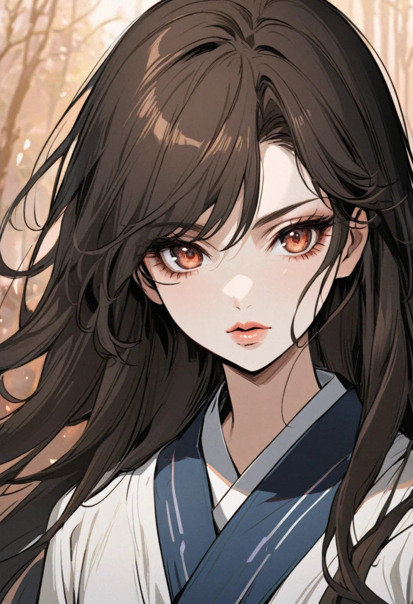 in manhwa style a adolescent japanese woman 17s. Her hair is long and black color. Her face is solitude, Her skin is clear, and her lips are red. Brown color eyes are captivating and beautiful. She is wearing school japanese uniform blue
