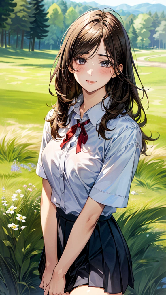 (masterpiece:1.2, top-quality, ultra high res, ultra detailed), (realistic, photorealistic:1.4), beautiful illustration, (natural side lighting, movie lighting),
looking at viewer, (face focus, upper body), 1 girl, japanese, high school dirl, perfect face, (perfect anatomy), cute and symmetrical face, baby face, shiny skin, slender
(long hair:1.5, straight hair:1.2, sark brown hair), parted bangs, grey eyes, long eye lasher, (medium breasts),
beautiful hair, beautiful face, beautiful detailed eyes, beautiful clavicle, beautiful body, beautiful chest, beautiful thigh, beautiful legs,
((detailed cloth texture, short sleeve white collared shirts, navy blue pleated mini skirt, red neck ribbon), , ,
(beautiful scenery), hands on chest, (lovely smile, upper eyes),In the grass of a meadow, a girl stands, slightly, legs open. A complete body. Perfect hands and legs.
Her face, bright red, flush and shy.
You can see her nipples standing out, even through her shirt. (The skirt is shorter than normal, but even so, it is a very short mini pleated skirt that almost reveals her panties.)The girl has brown hair.
(The skirt is very short.) The girl's hair is brown.