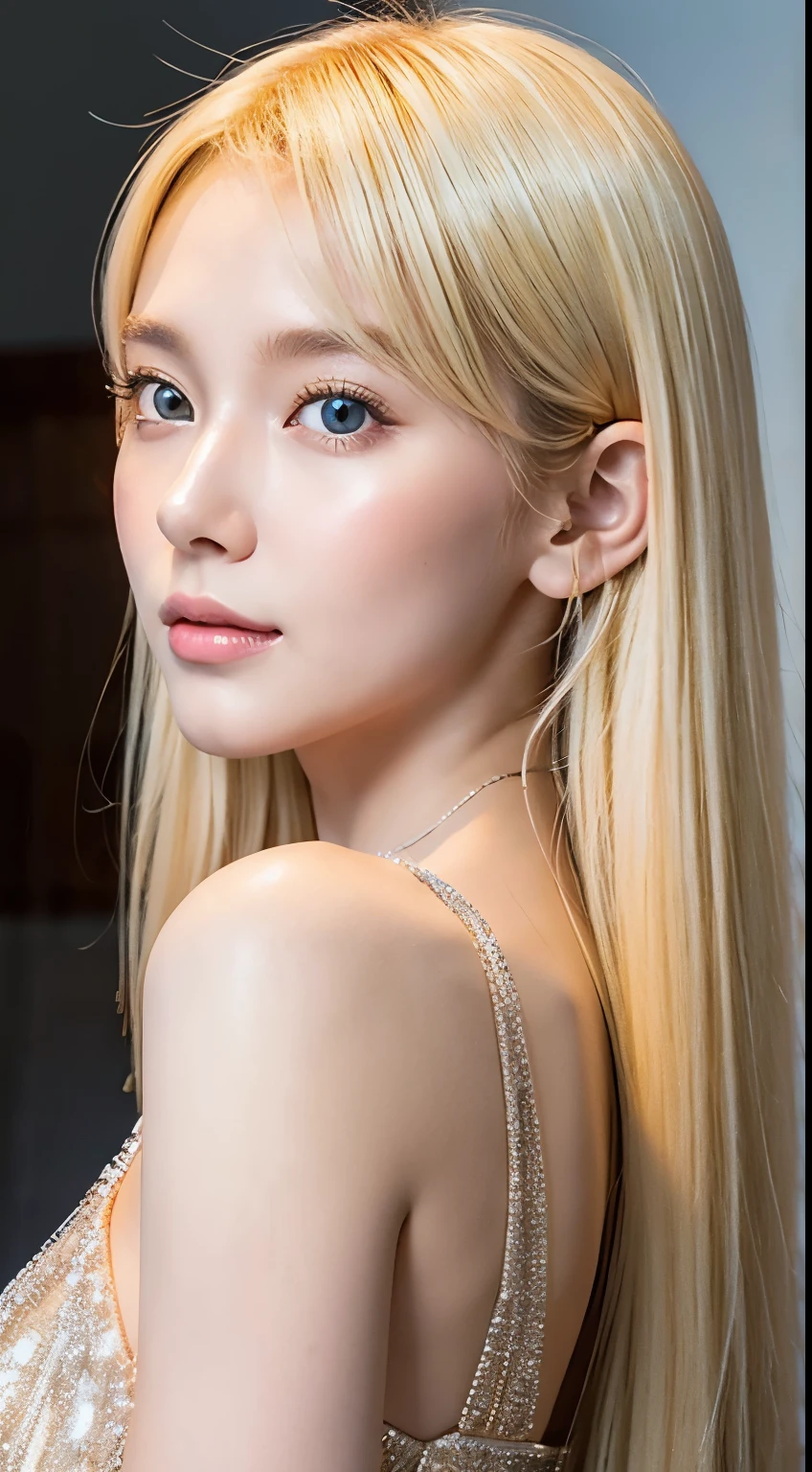 Beautiful glowing white skin、Blonde hair changes color depending on how the light hits it...、Long golden bangs obstruct the view、Cheek gloss highlighter、Gloss Face、Sexy and very beautiful, Nice, cute, Gorgeous face、The most beautiful face in the world、The most beautiful super long blonde hair in the world、Shiny and smooth long straight hair、Glowing pale light blue eyes, Big eyes、lighting equipment、Beautiful pony、Beautiful 20 year old Swedish girl、Young characteristics、Small Face Beauty、Round face