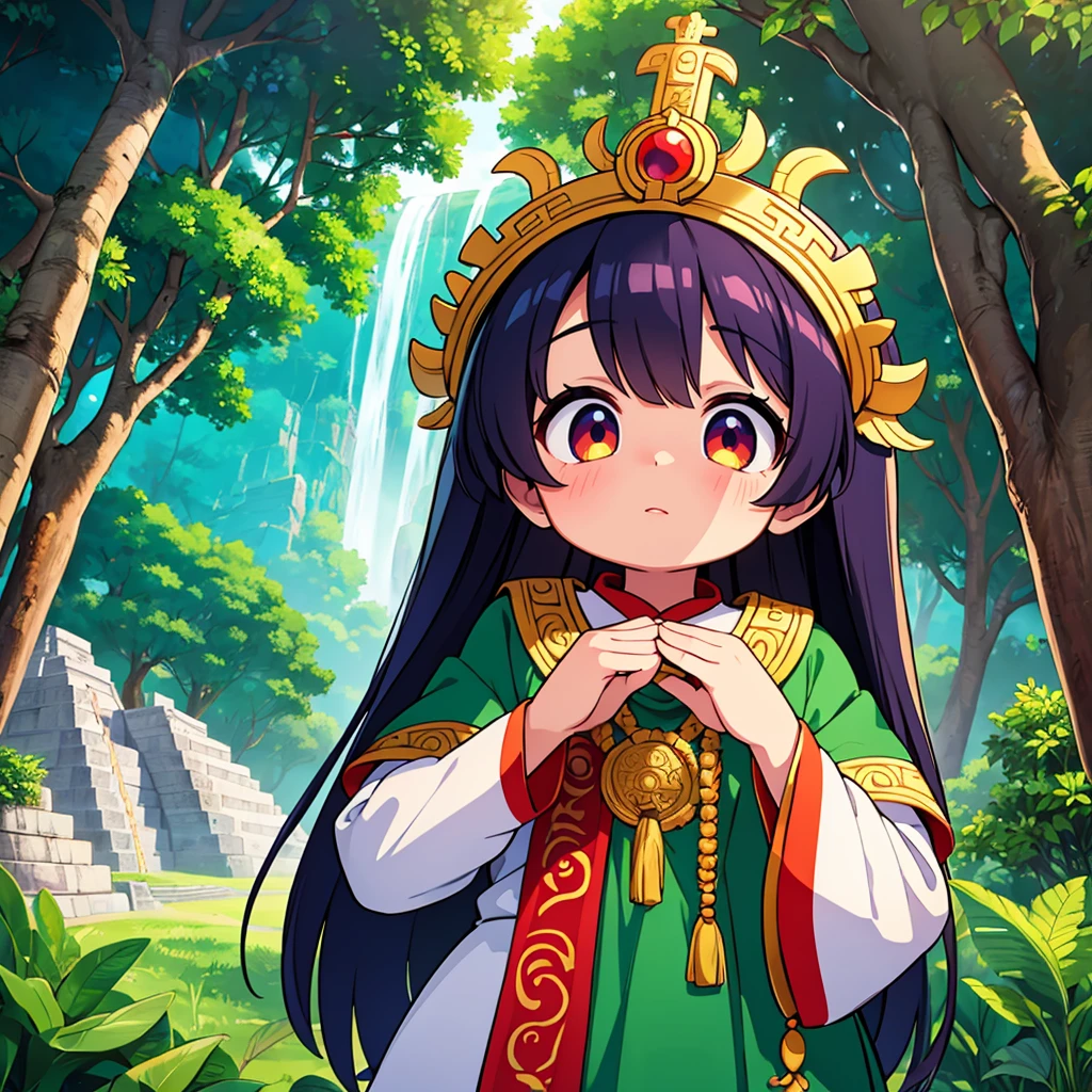 Childish, high quality、Very detailed、8Year、Mayan Aztec young priestess、Looking up at the flying god Quetzalcoatl and offering prayers、Chichen Itza in the forest、mysterious、