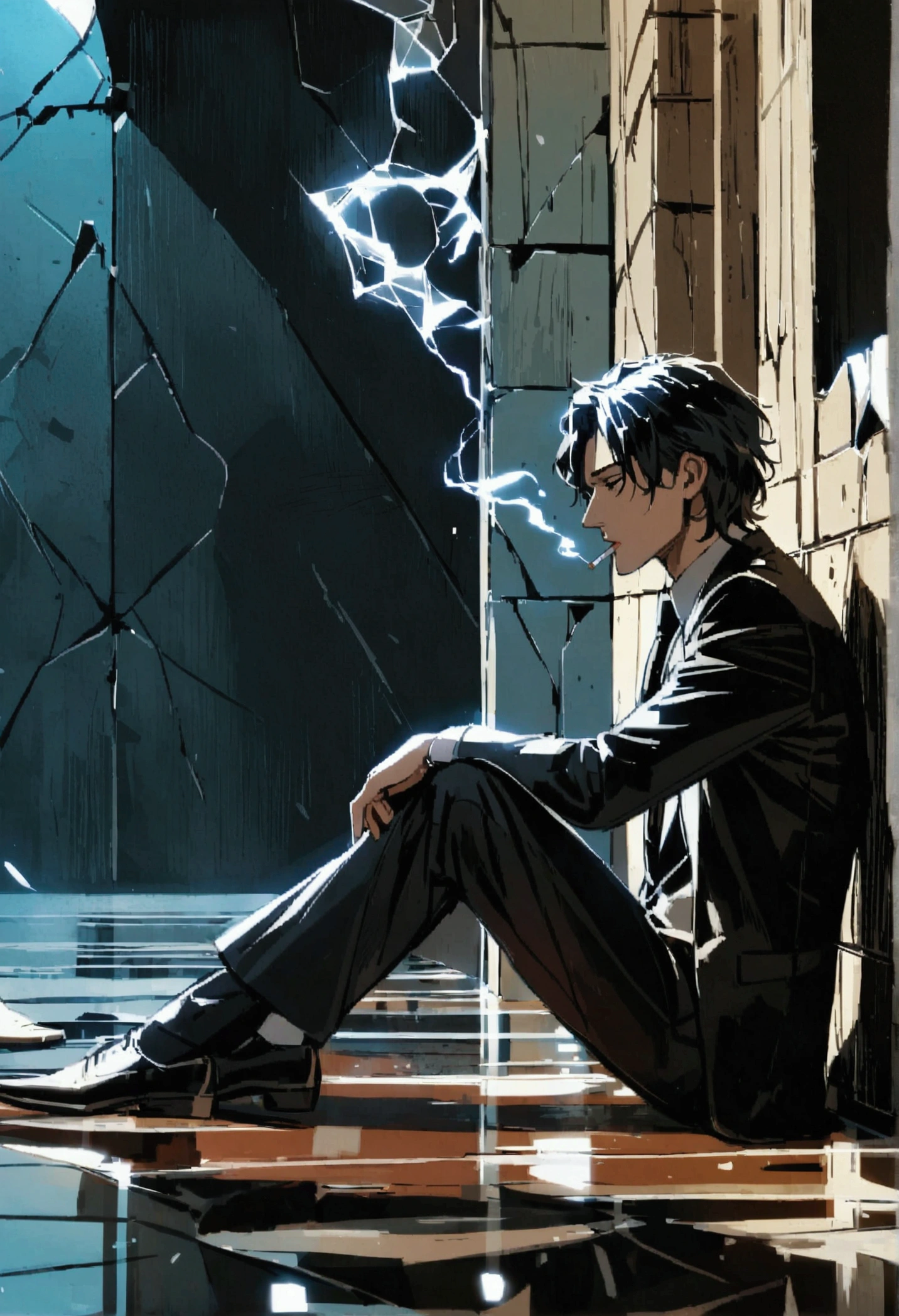 Constantine, man sitting on the floor, smoking a cigarette, dressed in a suit, black tie, broken glass on the floor, leaning against a wall, dark and gloomy scene