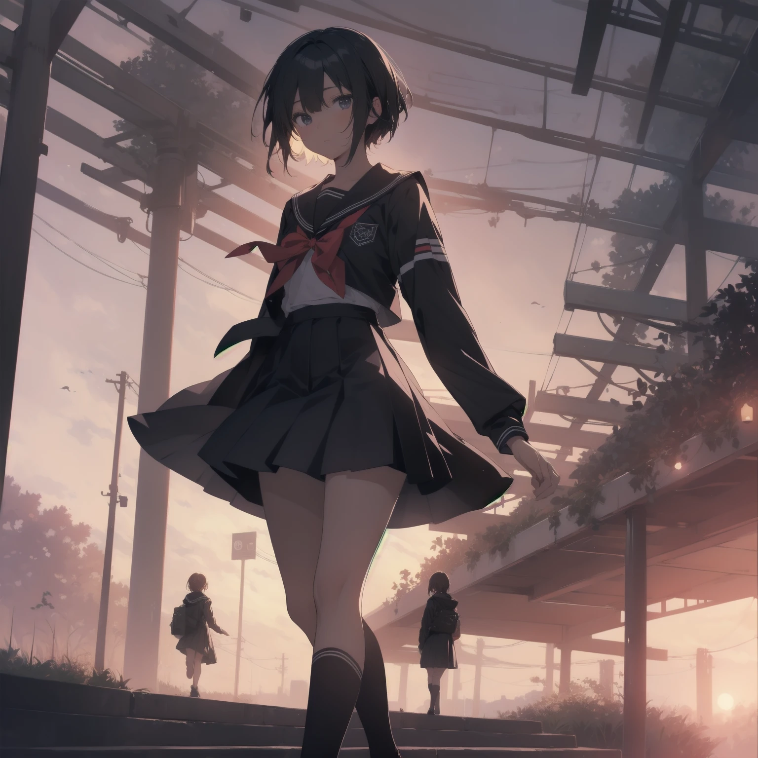 ultra-absurdres-Top quality by artist God, ultra-detailed, high resolution, anime moe artstyle, best anime 8k konachan wallpaper, pixiv contest winner, pool:2810, perfect anatomy,break, 1girl, (Please draw a girl walking sleepily to school alone. )break,(Solo,little female, 13-year-old:1.3),Full limbs, complete fingers,a junior high school student, (very short hair), short cut, flat chest, , small butt, small black eyes, beautiful detailed eyes, well-proportioned iris and pupils, expressive eyes, highres detailed hair, soft expression, salor school_uniform, sailor collar, serahuku, bow, pleated skirt,(Detailed Lighting), (Detailed background), in the School commute route. break,super detailed skin, Best cinematic lighting powered by famous artist, 8k,beauty illustration,photoshop_(medium),very aesthetic,break,((artist:zen_(kamuro) )), artist:clamp ,artist:carnelian ,artist:kantoku ,