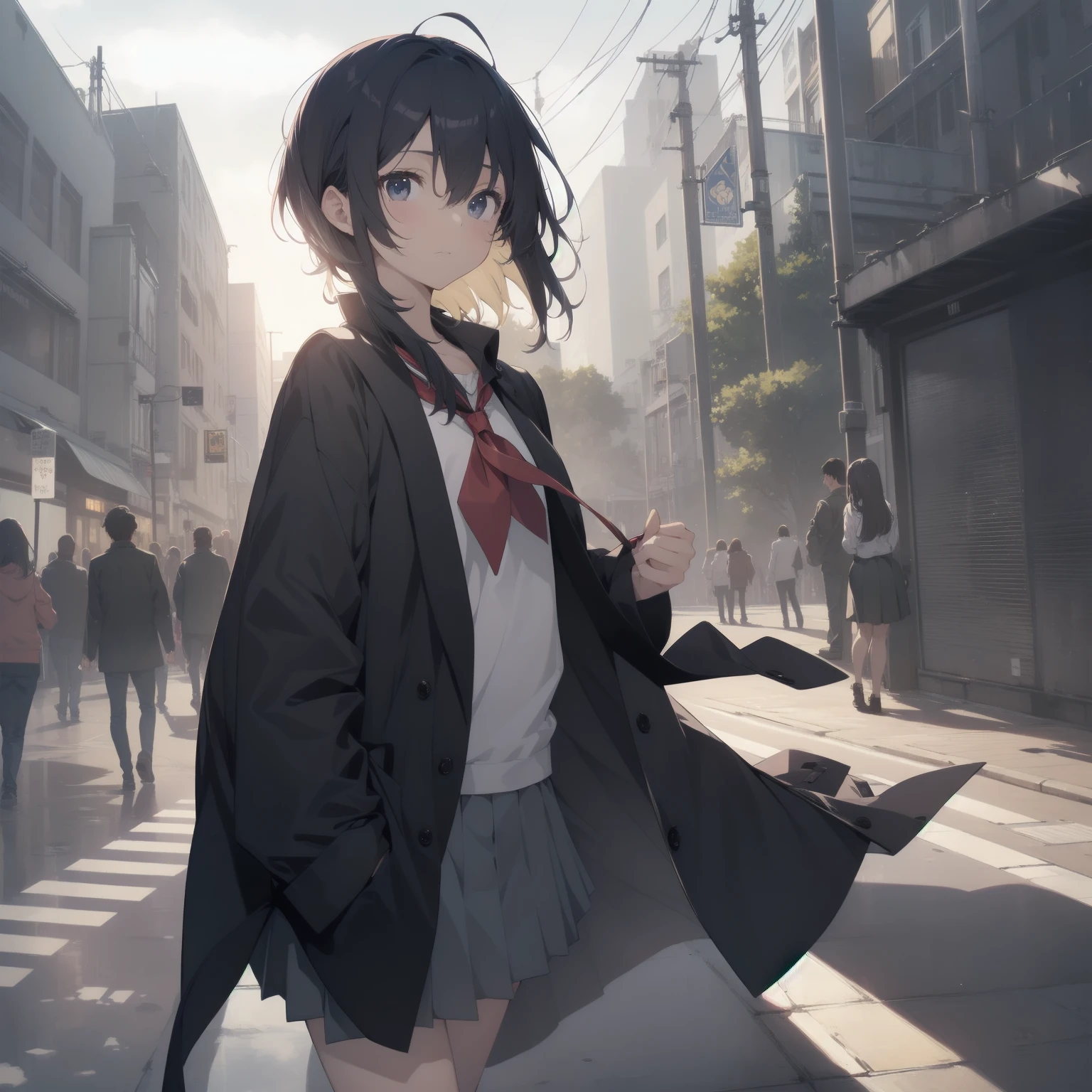 ultra-absurdres-Top quality by artist God, ultra-detailed, high resolution, anime moe artstyle, best anime 8k konachan wallpaper, pixiv contest winner, pool:2810, perfect anatomy,break, 1girl, (Please draw a girl walking sleepily to school alone. )break,(Solo,little female, 13-year-old:1.3),Full limbs, complete fingers,a junior high school student, (very short hair), short cut, flat chest, , small butt, small black eyes, beautiful detailed eyes, well-proportioned iris and pupils, expressive eyes, highres detailed hair, soft expression, salor school_uniform, sailor collar, serahuku, bow, pleated skirt,(Detailed Lighting), (Detailed background), in the School commute route. break,super detailed skin, Best cinematic lighting powered by famous artist, 8k,beauty illustration,photoshop_(medium),very aesthetic,break,((artist:zen_(kamuro) )), artist:clamp ,artist:carnelian ,artist:kantoku ,