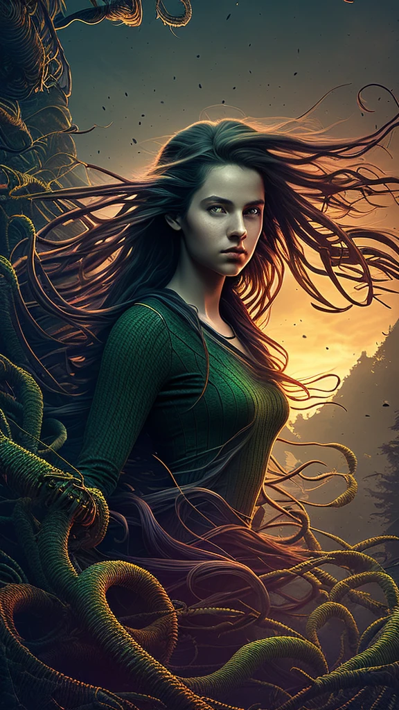 (better lighting, better shadow, artwork, high quality, Shadow play, light, mist, moody, mysterious, glossy hair, earthy, vivid, cinematic, Film light, Hyper detailed, Hyper realistic, masterpiece, atmospheric, High resolution, Vibrant, High contrast, dark angle), in profile, (face close-up), (beautiful face of 18 year old girl looking at the floating horizon), (dreadlock hair flowing :1.1 ), professional polaroid photography, dark dense forest, waterfall, sunset, sharp symmetrical artistic art, dan mumford style, HDR, realism, 8K, dark fantasy atmosphere, lovecraft style, (JimJorCrafLogo art style:1.3), ( close view)