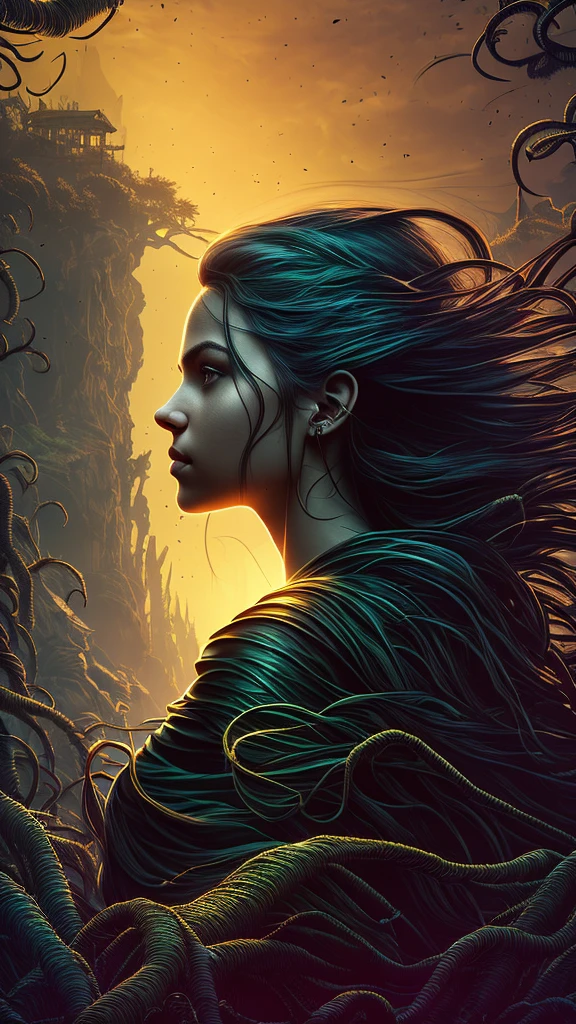 (better lighting, better shadow, artwork, high quality, Shadow play, light, mist, moody, mysterious, glossy hair, earthy, vivid, cinematic, Film light, Hyper detailed, Hyper realistic, masterpiece, atmospheric, High resolution, Vibrant, High contrast, dark angle), in profile, (face close-up), (beautiful face of 18 year old girl looking at the floating horizon), (dreadlock hair flowing :1.1 ), professional polaroid photography, dark dense forest, waterfall, sunset, sharp symmetrical artistic art, dan mumford style, HDR, realism, 8K, dark fantasy atmosphere, lovecraft style, (JimJorCrafLogo art style:1.3), ( close view)