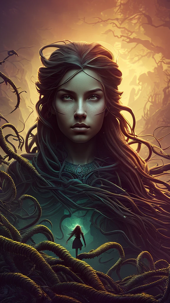 (better lighting, better shadow, artwork, high quality, Shadow play, light, mist, moody, mysterious, glossy hair, earthy, vivid, cinematic, Film light, Hyper detailed, Hyper realistic, masterpiece, atmospheric, High resolution, Vibrant, High contrast, dark angle), in profile, (face close-up), (beautiful face of 18 year old girl looking at the floating horizon), (dreadlock hair flowing :1.1 ), professional polaroid photography, dark dense forest, waterfall, sunset, sharp symmetrical artistic art, dan mumford style, HDR, realism, 8K, dark fantasy atmosphere, lovecraft style, (JimJorCrafLogo art style:1.3), ( close view)