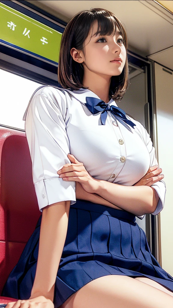 High-definition images, atmospheric perspective, 8k, Super detailed, Accurate, highest quality,
1 girl, alone, chest, looking at the viewer, (look at the audience,:1.5),
brown hair, brown eyes, parted lips, smile slightly、underwear, panties, (japanese school uniform),
(navy blue mini skirt), (sit on a train seat:1.5), (spread your legs to the side:1.4)、underwear, panties, parted lips,
lips, (navy blue skirt), full body shot, (((spread your legs, crossed arms))), showing sexy 、(whiteの panties:1.5), realistic ,
(white, collared shirt, ribbon tie),
(Do not expose your upper body:1.5),((Ceiling from below:1.2))、((from below:1.38))、
(turn your body toward the viewer:1.5) , (from below, look up:1.5), (( Japanese girl, short bob))
