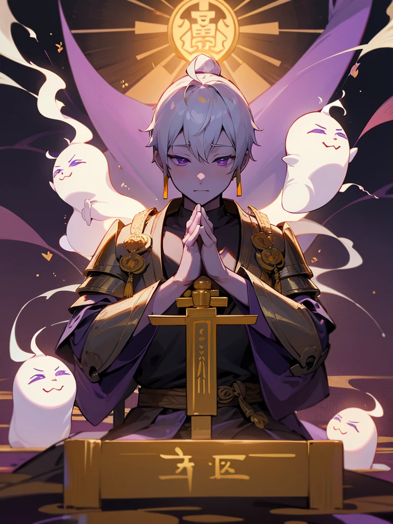 Buddha,Purple eyes, Gold Ghost, White Short Hair, Black Armor, torii, male, Buddha, Praying with hands together, Zazen, Blue Flame, Lotus Field, pure land, 神Buddha融合