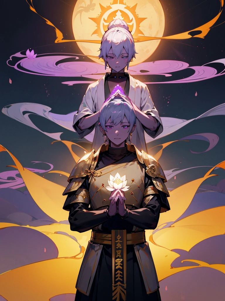 Buddha,Purple eyes, Gold Ghost, White Short Hair, Black Armor, torii, male, Buddha, Praying with hands together, Zazen, Blue Flame, Lotus Field, pure land, 神Buddha融合