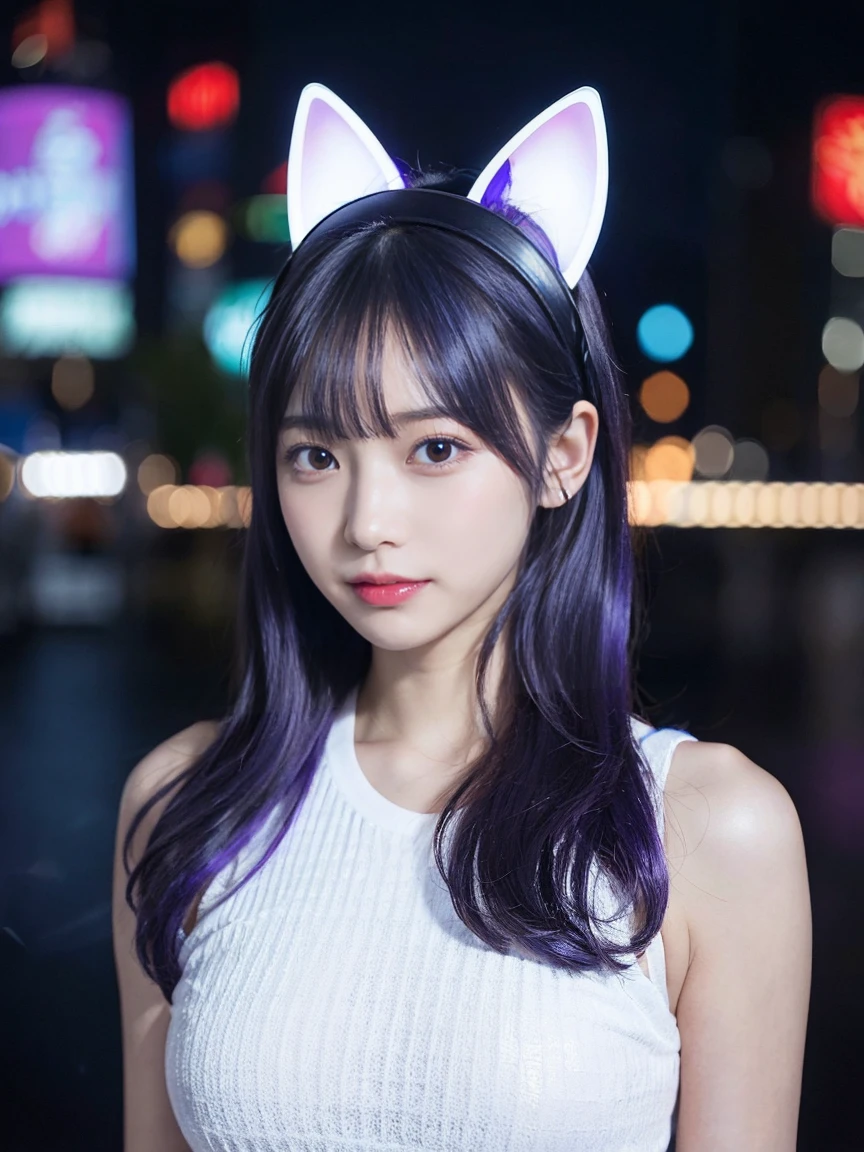 Full Body Photo、Full-body photo、最high quality, masterpiece, 32K、Very detailed、Realistic、1 girl, Japanese women、Cute Face, (photo Actual:1.3),Bob Hair(Blue-violet hair color、Amazing blue and purple hairstyles)、Edge lighting, (Skin with attention to detail:1.2), 8k超High resolution, Single-lens reflex camera, high quality, High resolution, 4K, 8k, Optimal ratio of four fingers to one thumb, (Actual:1.3), cute 1 girl, Realistic、Super Realistic、32K、Very detailed、masterpiece, 最high quality, beautiful girl, beauty、Mecha, Beautiful lighting, (Neon Light:1.2), (night:1.5), K-Pop Idol Costumes、Sleeveless outfit、White-based houndstooth pattern sleeveless top、Jersey fabric shorts、Large Breasts(big 、There is a valley)、Cat ears microphone headphones(Headphones Gaming Headgear with Mic、Head Fan)、Are standing、Cyber Neon、Future City、Skyscraper、都会のnight、Shanghai、big cities、night景、綺麗なnight景