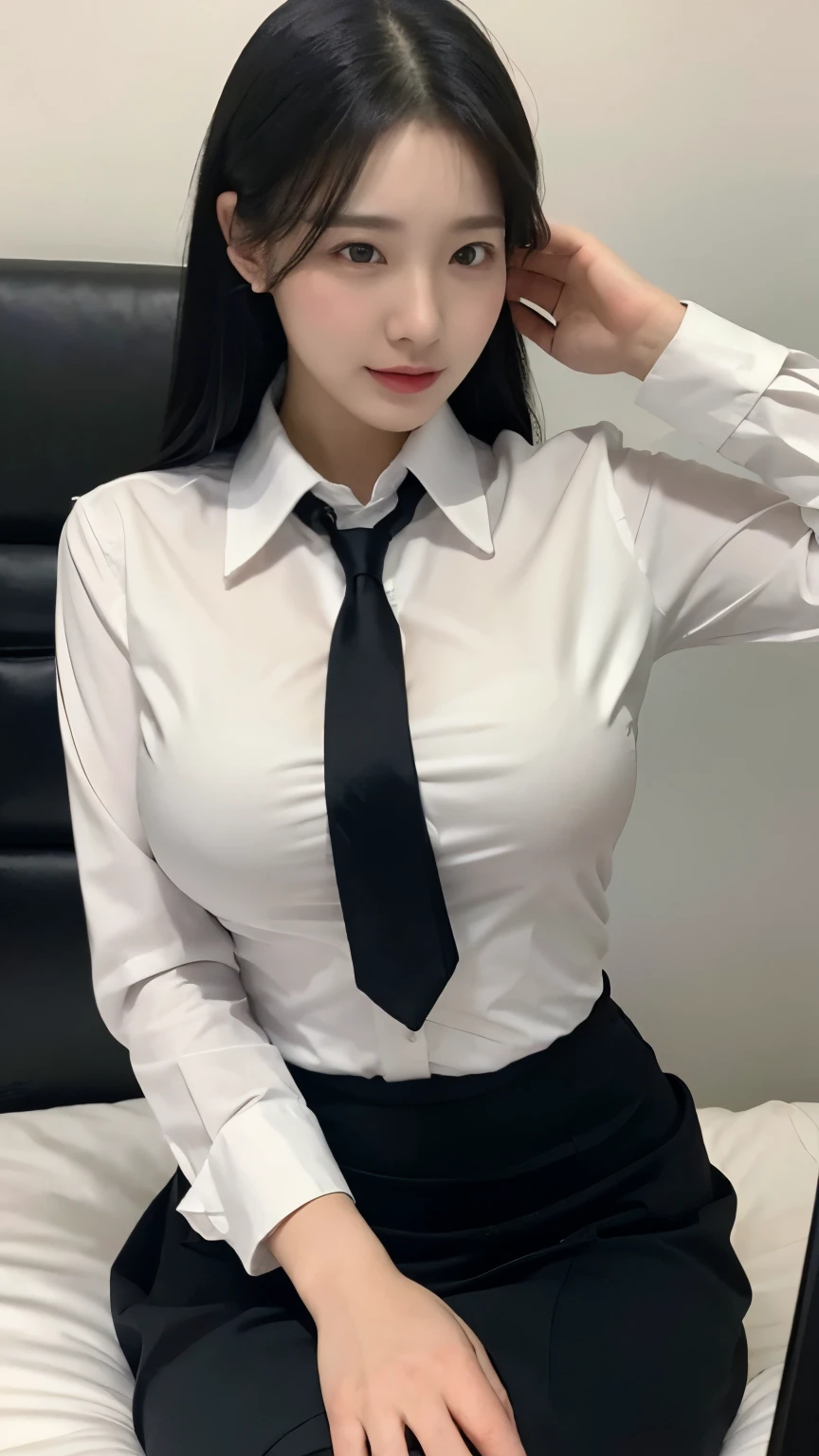 Highest quality、Ultra-high resolution、Professional Lighting、Detailed Background、workroom、full body,Kobeni-chan、A sloppy smile、25-year-old woman、beautiful girl、(Kobeni-chan、Jet black hair, Black Hair, bangs, One-sided hair,)、(Red Hair Clip:1.1)、(White shirt:1.2)+(Black tie:1.2)+(black long pants for work:1.2)、(Huge breasts that look like they might burst:1.2)、(Big thighs:1.1)、Are standing、Model pose