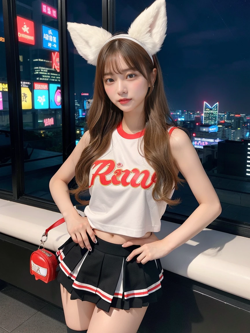 最high quality, masterpiece, 32K、Very detailed、Realistic、4 girls, Japanese women、Cute Face, (photo Actual:1.3),Medium Hair(Blonde Hair Color、Great brown hairstyles)、Edge lighting, (Skin with attention to detail:1.2), 8k超High resolution, Single-lens reflex camera, high quality, High resolution, 4K, 8k, Optimal ratio of four fingers to one thumb, (Actual:1.3), cute 4 girls, Realistic、Super Realistic、32K、Very detailed、masterpiece, 最high quality, beautiful girl, beauty、Mecha, Beautiful lighting, (Neon Light:1.2), (night:1.5), K-Pop Idol Costumes、Sleeveless outfit、Shorts、Large Breasts(big 、There is a valley)、Swiss flag t-shirt、Red and white cheerleader skirt、Fox ears headband、Are standing、Cyber Neon、Future City、Skyscraper、都会のnight、Shanghai、big cities、night景、綺麗なnight景