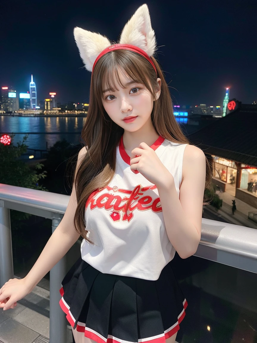 最high quality, masterpiece, 32K、Very detailed、Realistic、4 girls, Japanese women、Cute Face, (photo Actual:1.3),Medium Hair(Blonde Hair Color、Great brown hairstyles)、Edge lighting, (Skin with attention to detail:1.2), 8k超High resolution, Single-lens reflex camera, high quality, High resolution, 4K, 8k, Optimal ratio of four fingers to one thumb, (Actual:1.3), cute 4 girls, Realistic、Super Realistic、32K、Very detailed、masterpiece, 最high quality, beautiful girl, beauty、Mecha, Beautiful lighting, (Neon Light:1.2), (night:1.5), K-Pop Idol Costumes、Sleeveless outfit、Shorts、Large Breasts(big 、There is a valley)、Swiss flag t-shirt、Red and white cheerleader skirt、Fox ears headband、Are standing、Cyber Neon、Future City、Skyscraper、都会のnight、Shanghai、big cities、night景、綺麗なnight景
