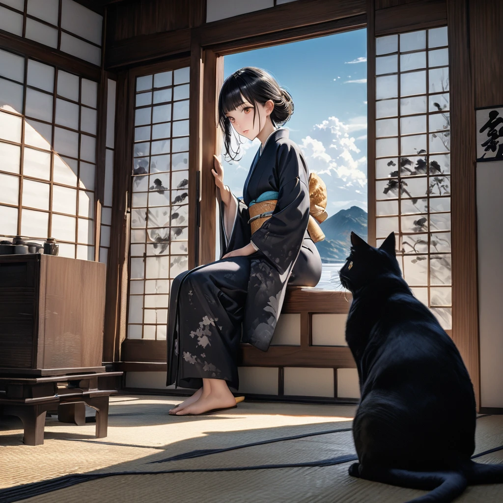 Girl with a cat, Ink Painting, In the tranquility of a traditional Japanese room, A girl wearing a kimono is sitting upright, Her eyes were fixed on the black cat that was perched on the window pane.. , Panoramic View, 8k,((masterpiece:1.4, Highest quality)), Black Hair, Brown eyes, (Depth of written boundary:1.3), Lower Body, High quality scenes, Vivid and photorealistic, Super detailed, 8k, masterpiece, elegant, Beautiful summer sky, Warm atmosphere, Clear lines, Official Art, Professional, Ultra high definition