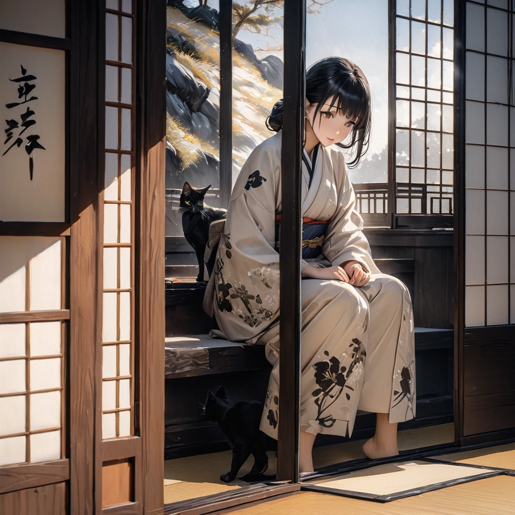 Girl with a cat, Ink Painting, In the tranquility of a traditional Japanese room, A girl wearing a kimono is sitting upright, Her eyes were fixed on the black cat that was perched on the window pane.. , Panoramic View, 8k,((masterpiece:1.4, Highest quality)), Black Hair, Brown eyes, (Depth of written boundary:1.3), Lower Body, High quality scenes, Vivid and photorealistic, Super detailed, 8k, masterpiece, elegant, Beautiful summer sky, Warm atmosphere, Clear lines, Official Art, Professional, Ultra high definition