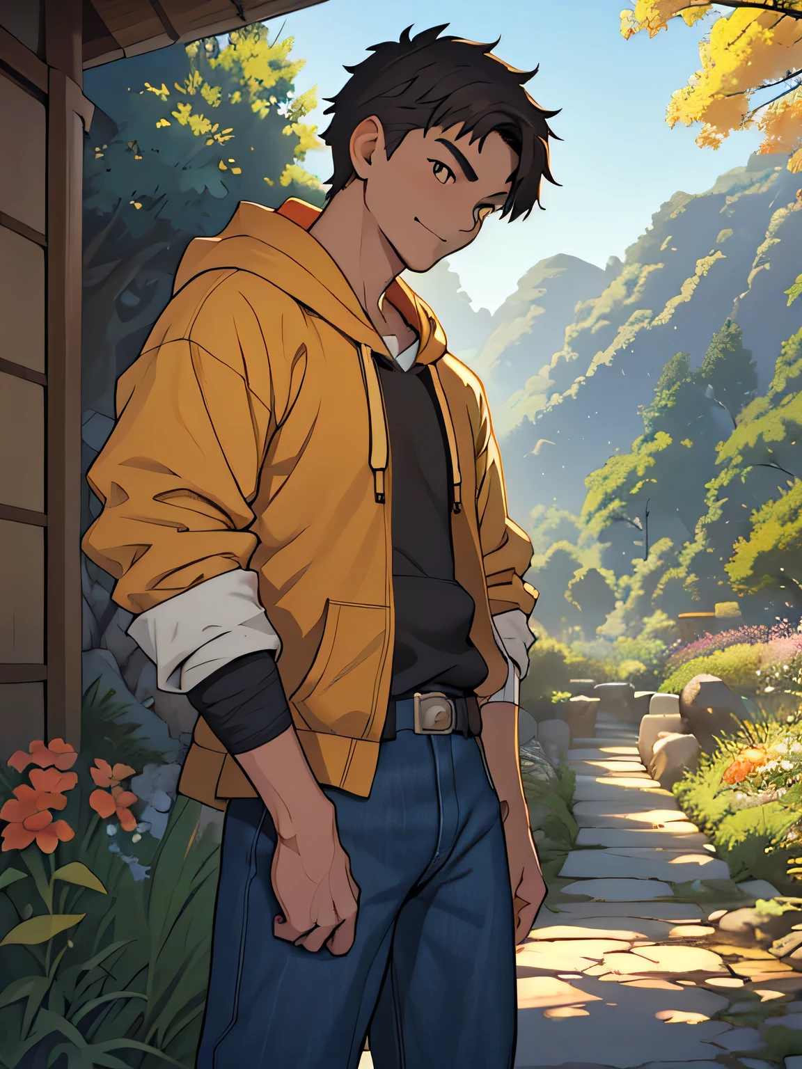 ((masterpiece)), ((best quality)), (ultra-detailed), (((((Garden of Japan house, Sunny and bright, Landscape, cowboy shot))))), (8k, ultra-detailed, 1boy, solo,  boy, Young boy, eyes, An innocent, gentle smile, Height: 168cm, baby face, ruddyned body, Black Short straight hair, brown eyes), Vivid colors, ((A loose fitting plain hoodie, The sleeves reach to the elbows), Denim trousers)