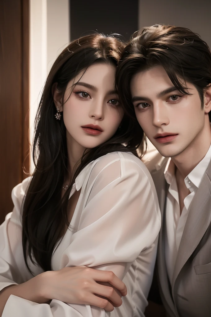 Modern. Dress neatly. Elegant couple, masculie man and beautiful girl. Dark hair color. Very deatiled face. pretty eyes (perfect eyes). 8K resolution. Masterpiece. Romantic, love, glowing light. Look at the viewer. Film poster.