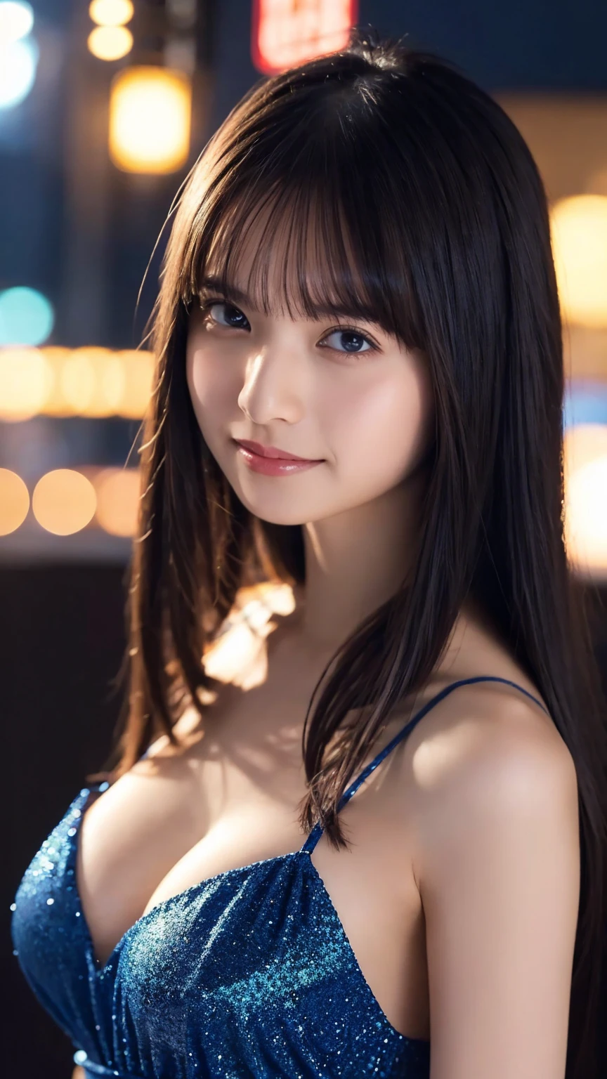 1girl,(wearing a blue glittery evening dress:1.2),(RAW photo, best quality), (realistic, photo-realistic:1.4), masterpiece, an extremely delicate and beautiful, extremely detailed, 2k wallpaper, Amazing, finely detail, extremely detailed CG unity 8k wallpaper, ultra-detailed, highres, soft light, beautiful detailed girl, extremely detailed eyes and face, beautiful detailed nose, beautiful detailed eyes,cinematic lighting,city lights at night,perfect anatomy,slender body,light smile,close up,(long hair with bangs), big breast