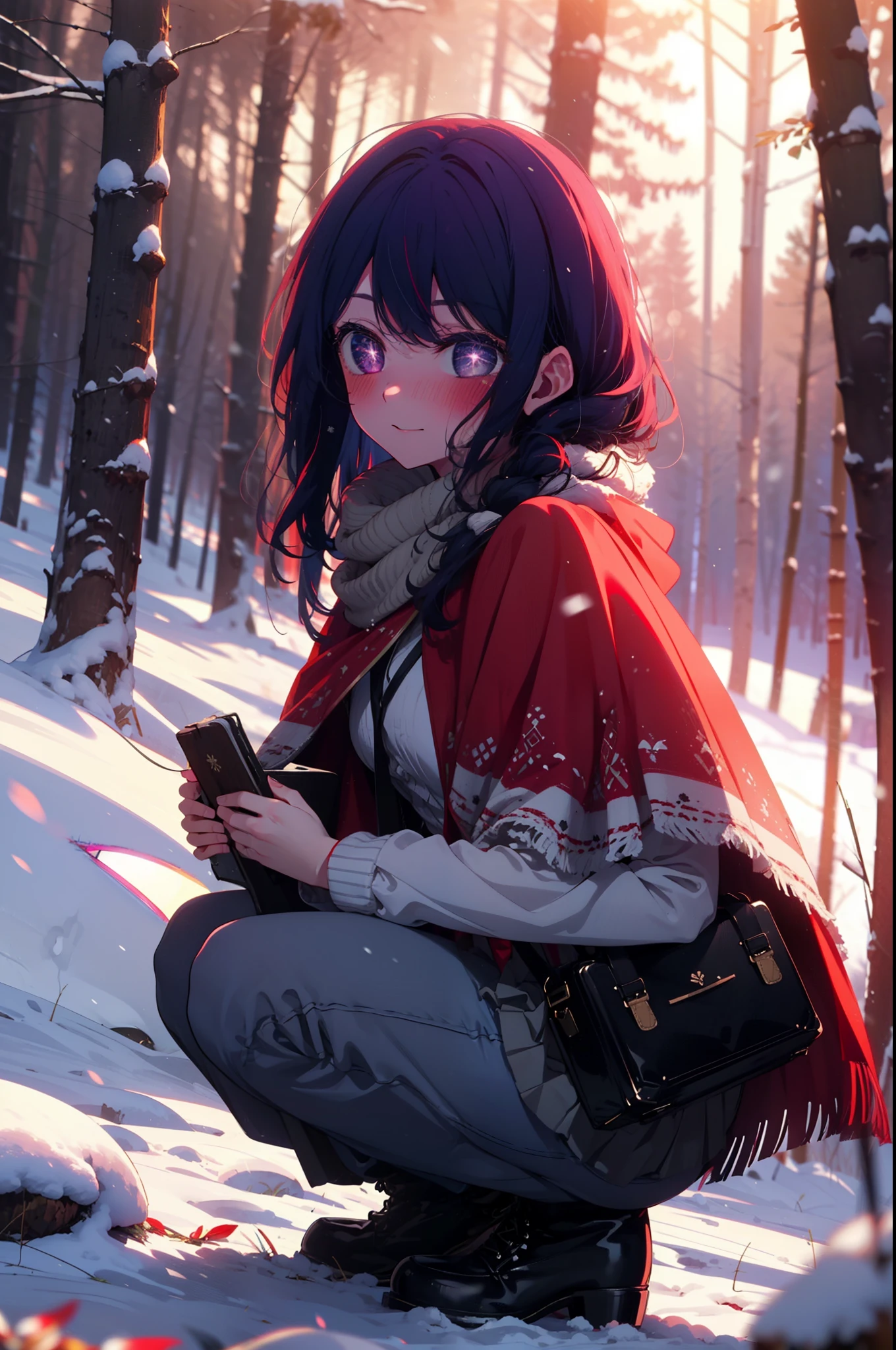 aihoshino, Ai Hoshino, Long Hair, bangs, (Purple eyes:1.1), Purple Hair, (Symbol-shaped pupil:1.5), smile,,smile,blush,white breath,
Open your mouth,snow,Ground bonfire, Outdoor, boots, snowing, From the side, wood, suitcase, Cape, Blurred, , forest, White handbag, nature, Squat, Mouth closed, Cape, winter, Written boundary depth, Black shoes, red Cape break looking at viewer, Upper Body, whole body, break Outdoor, forest, nature, break (masterpiece:1.2), Highest quality, High resolution, unity 8k wallpaper, (shape:0.8), (Beautiful and beautiful eyes:1.6), Highly detailed face, Perfect lighting, Highly detailed CG, (Perfect hands, Perfect Anatomy),