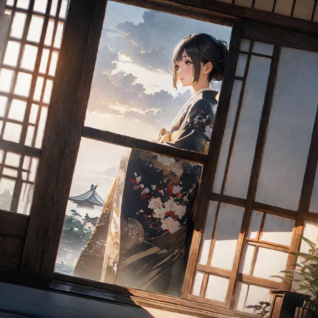 Girl, Ink Painting, In the tranquility of a traditional Japanese room, A girl wearing a kimono is sitting upright, Her eyes were fixed on the window pane.. , Panoramic View, 8k,((masterpiece:1.4, Highest quality)), Black Hair, Brown eyes, (Depth of written boundary:1.3), Lower Body, High quality scenes, Vivid and photorealistic, Super detailed, 8k, masterpiece, elegant, Beautiful summer sky, Warm atmosphere, Clear lines, Official Art, Professional, Ultra high definition