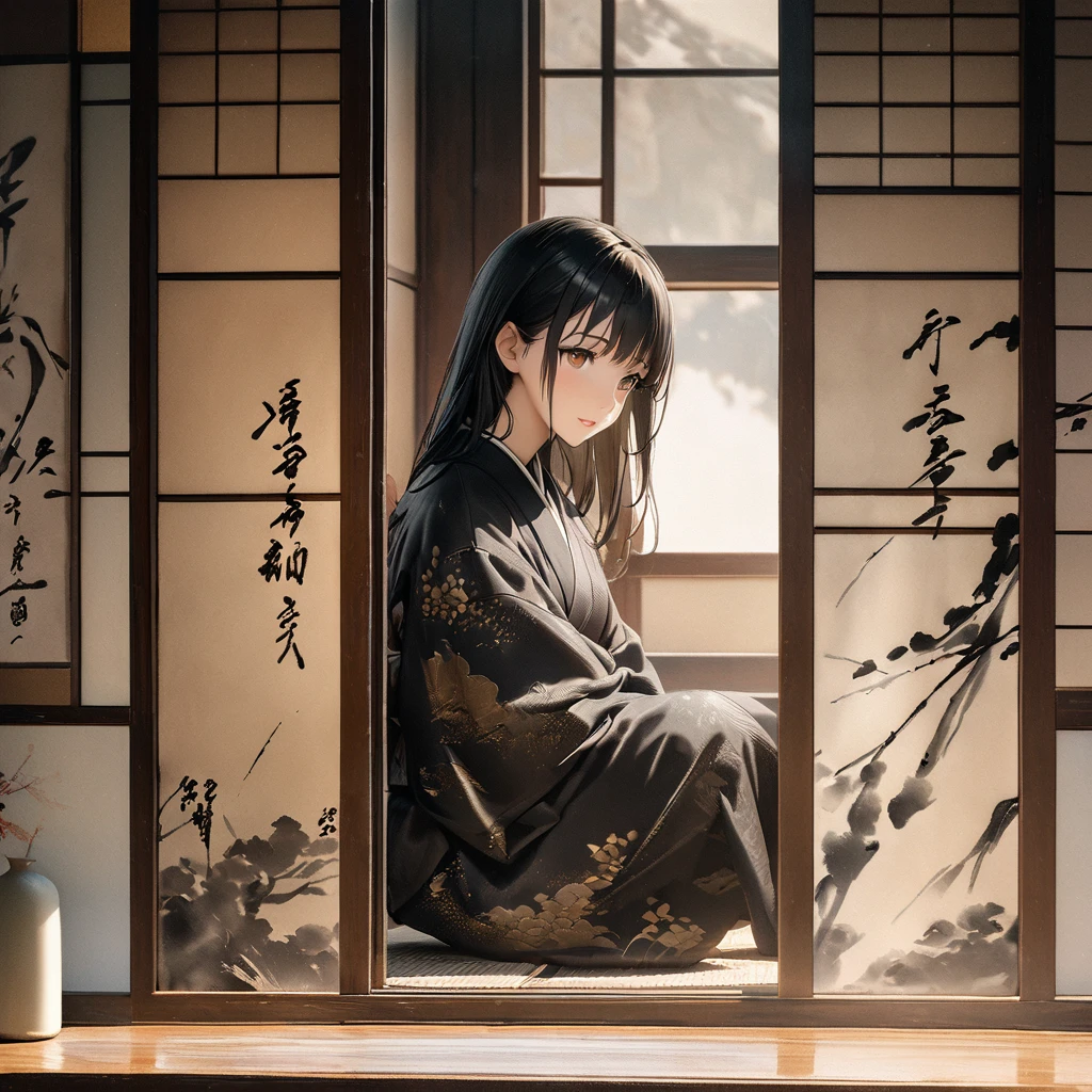 Girl, Ink Painting, In the tranquility of a traditional Japanese room, A girl wearing a kimono is sitting upright, Her eyes were fixed on the window pane.. , Panoramic View, 8k,((masterpiece:1.4, Highest quality)), Black Hair, Brown eyes, (Depth of written boundary:1.3), Lower Body, High quality scenes, Vivid and photorealistic, Super detailed, 8k, masterpiece, elegant, Beautiful summer sky, Warm atmosphere, Clear lines, Official Art, Professional, Ultra high definition